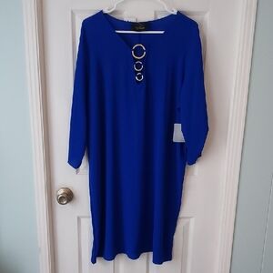 Blue Sheath Dress with Dolman Sleeves and Crew Neck